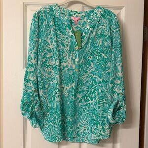 Lilly Pulitzer Delray Silk Tunic Blouse in Bungle in The Jungle Print, size XL